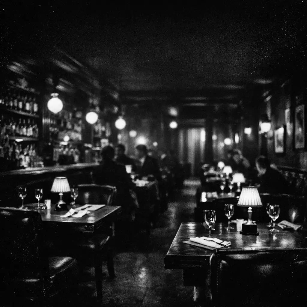 Intérieur sombre et élégant du Bistro Aubepine, évoquant un film noir des années 1950