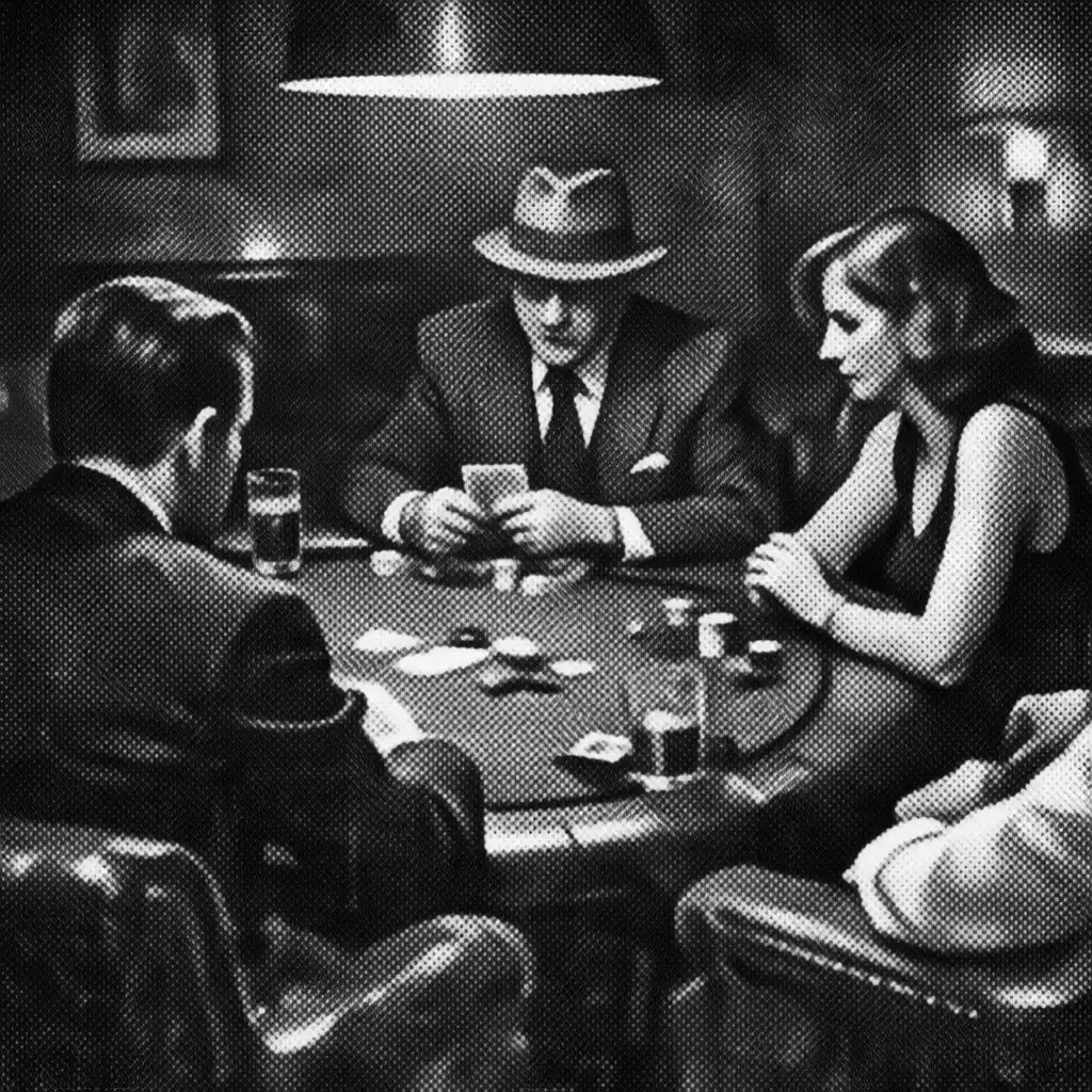 Salon privé avec table de poker, fauteuils en cuir et participants élégamment vêtus