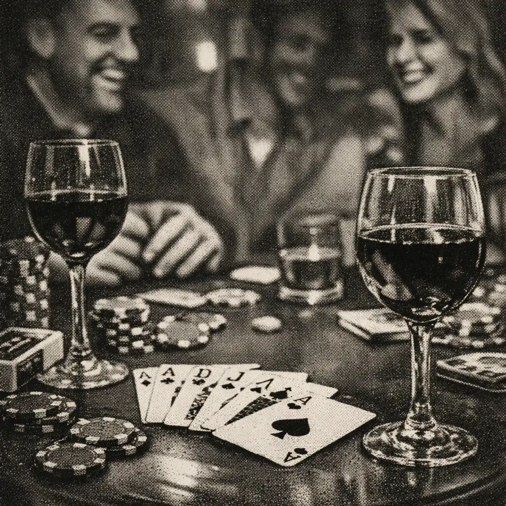 Verres de vin et cartes à jouer sur une table, convives souriants en arrière-plan