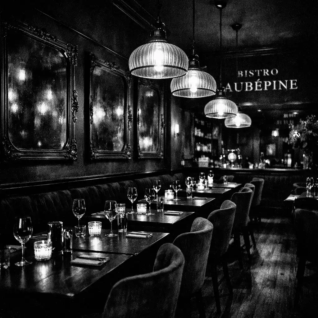 Salle principale du Bistro Aubepine avec tables sombres et éclairage dramatique