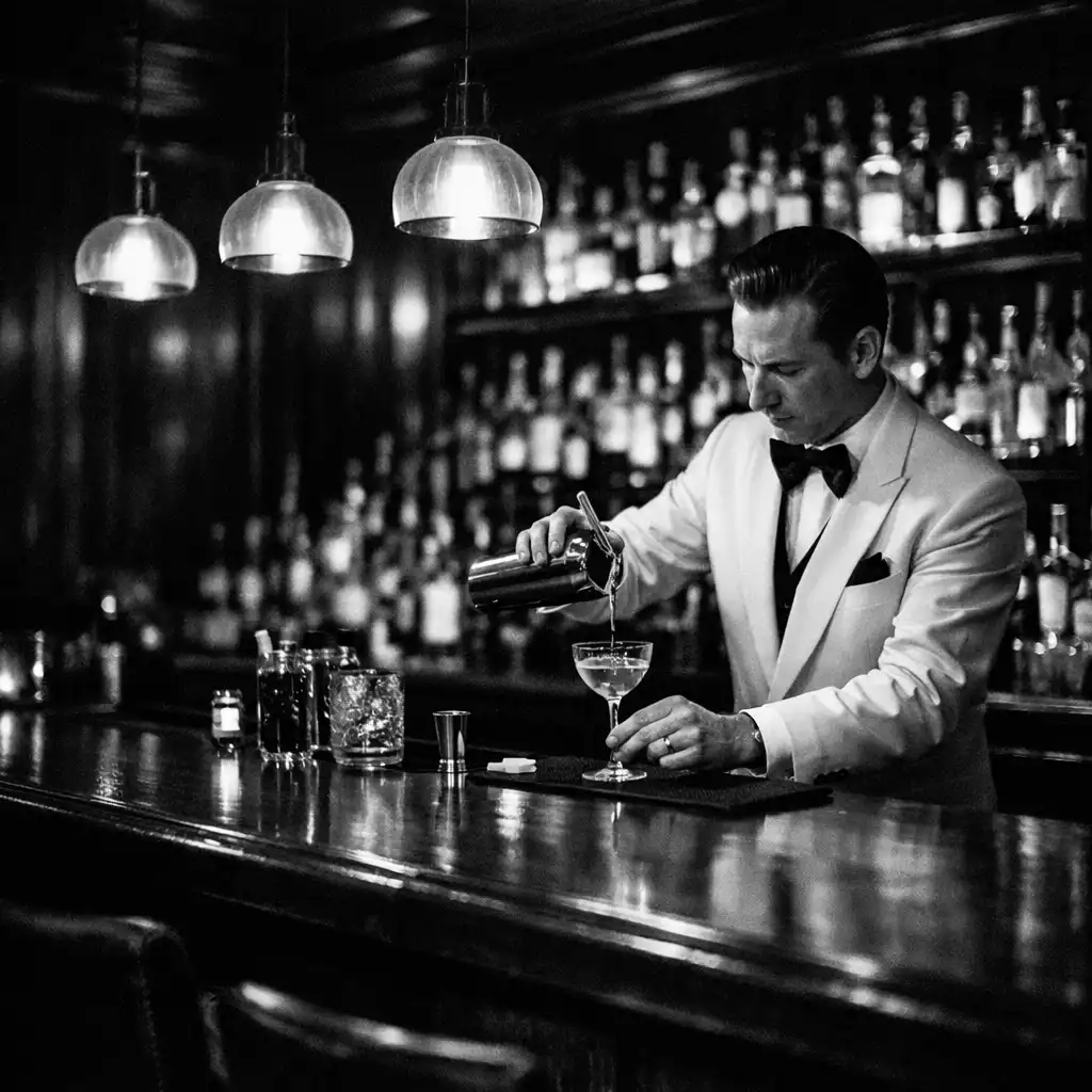 Bar du Bistro Aubepine avec comptoir en bois et bouteilles alignées