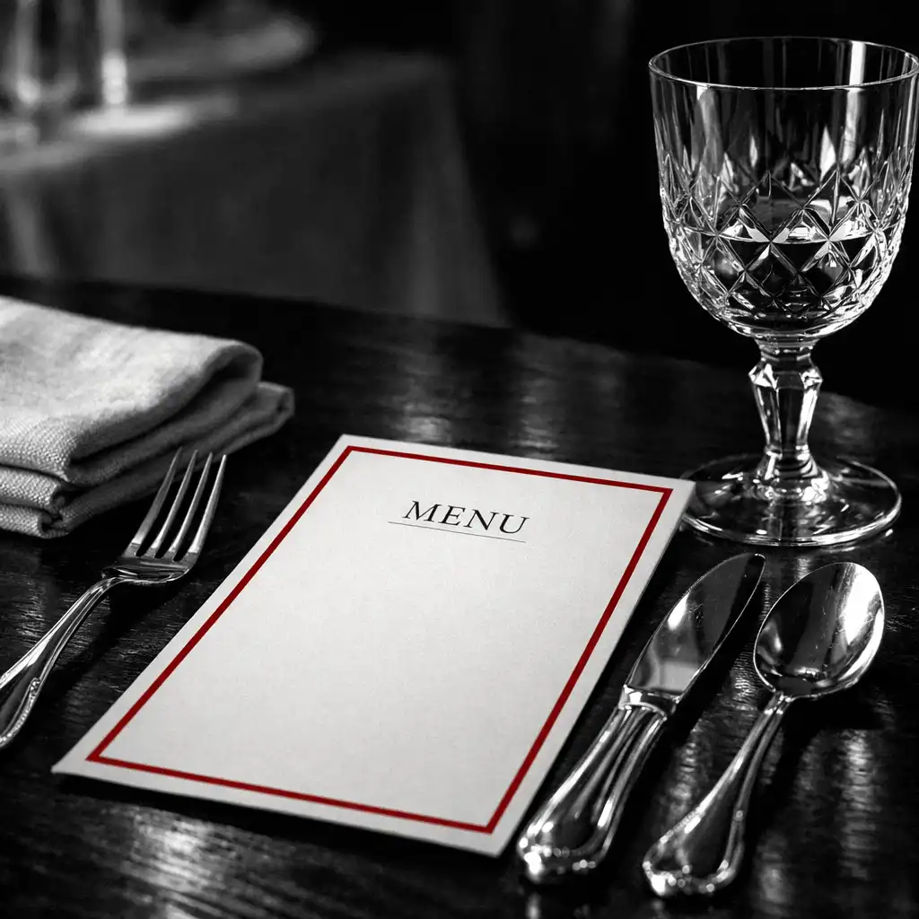 Gros plan sur une table dressée avec couverts en argent et menu à liseré rouge