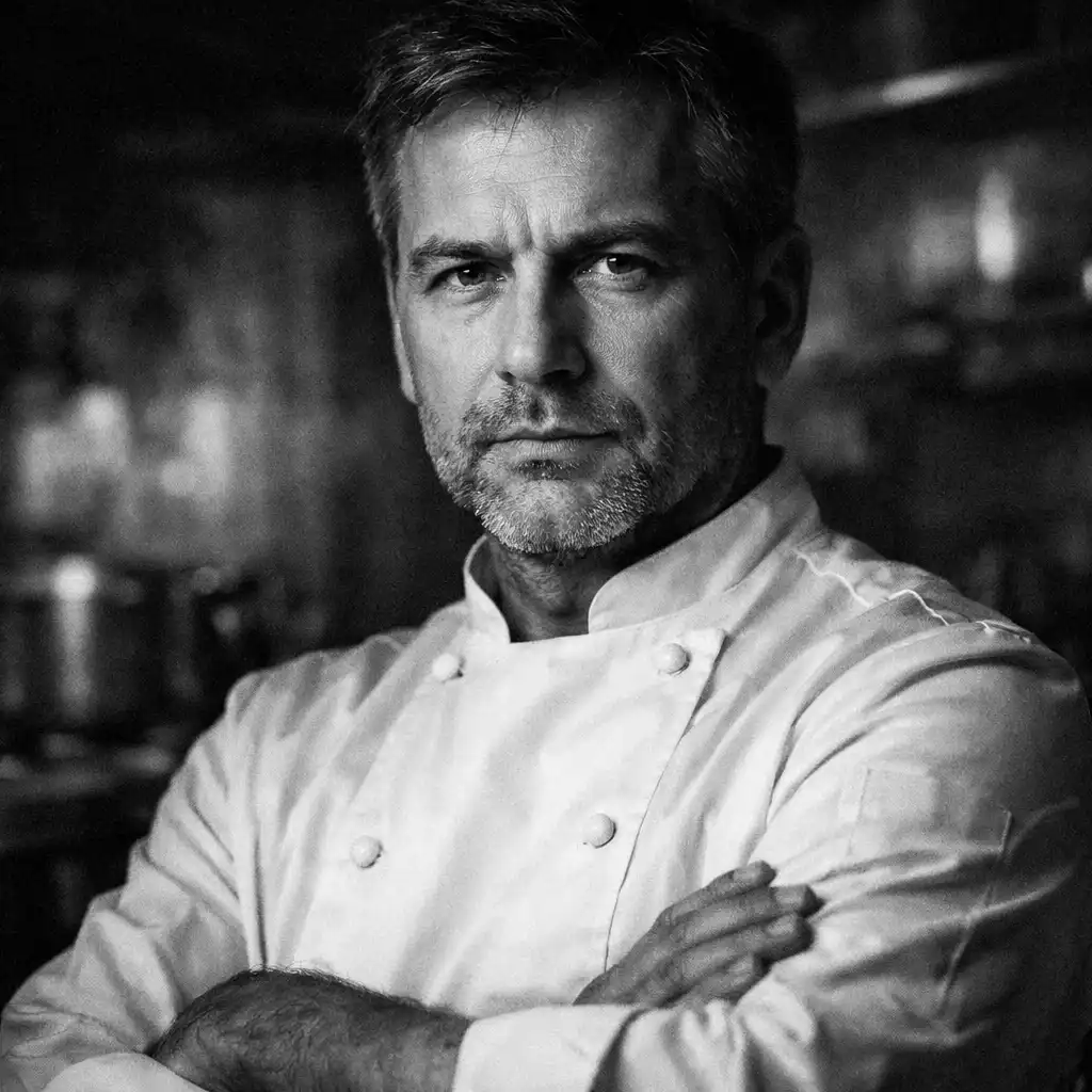 Portrait du chef Antoine en veste blanche