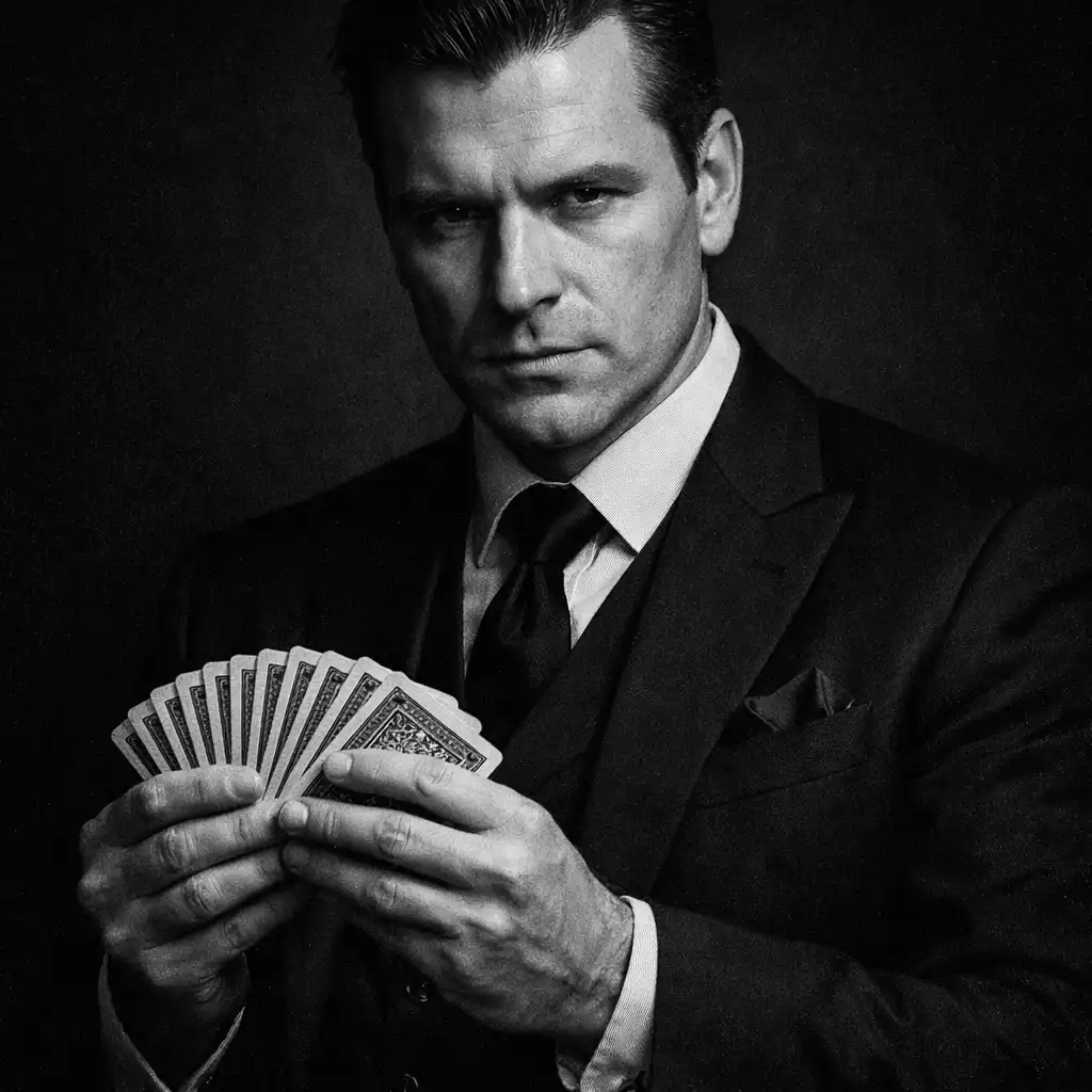 Portrait du maître de jeu tenant un jeu de cartes