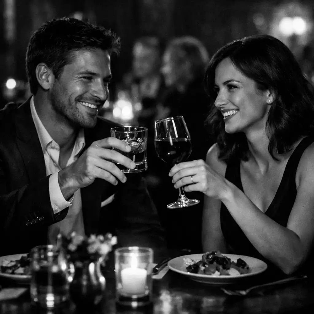 Couple attablé au Bistro Aubepine trinquant dans une ambiance chaleureuse