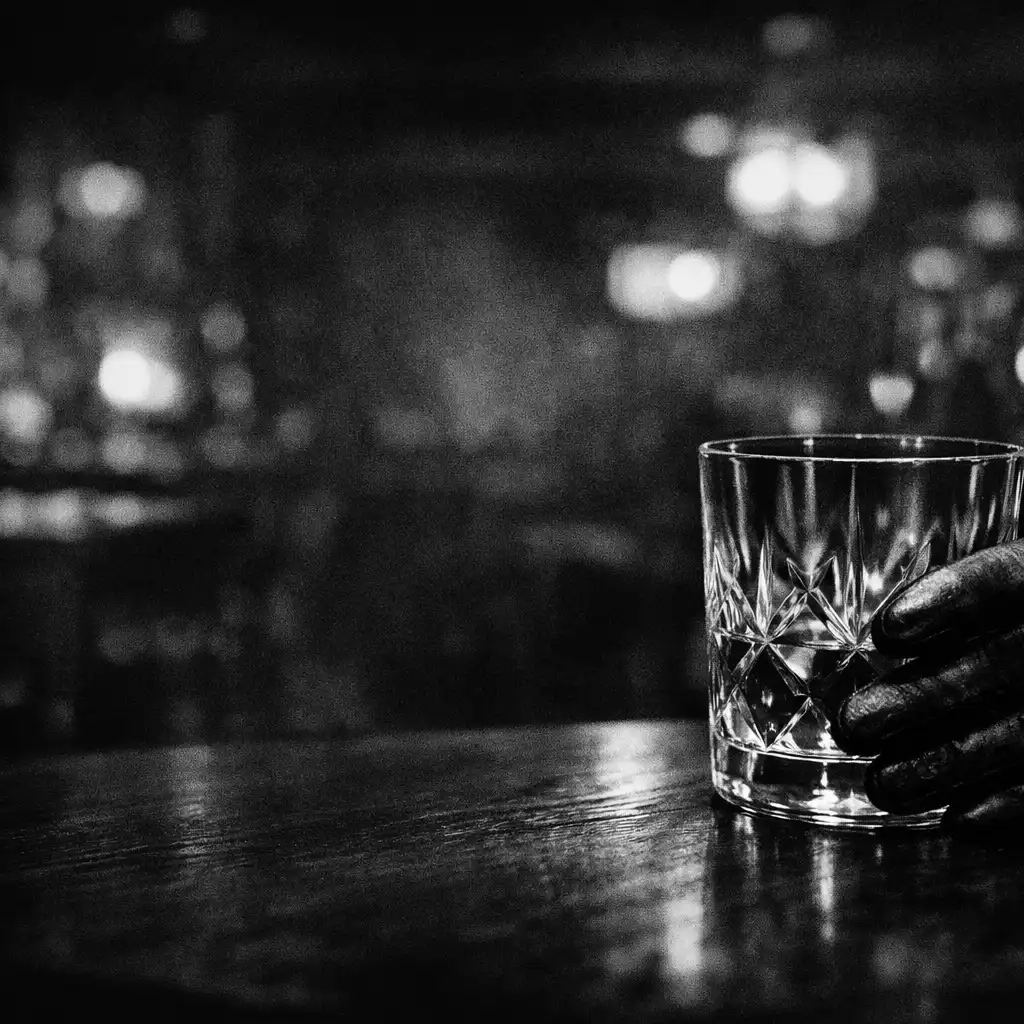 Verre en cristal posé sur une table en bois sombre dans une ambiance tamisée