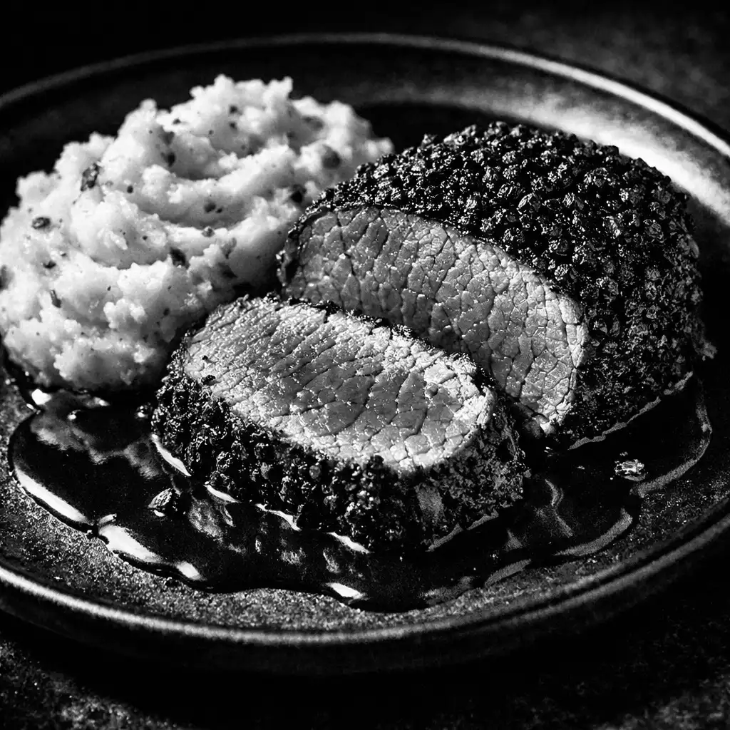 Filet de bœuf en croûte de poivre noir, tranché, avec purée à la truffe et sauce au vin rouge