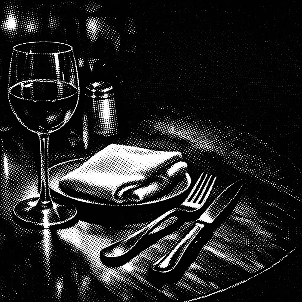 Table élégante avec couverts et verre de vin dans une lumière tamisée