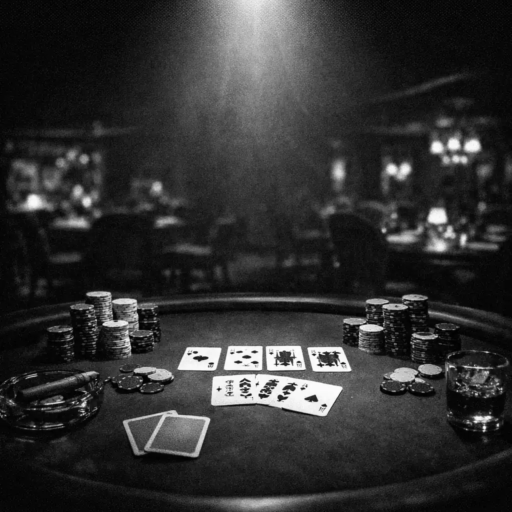 Table de poker élégante dans un restaurant sombre, éclairée par une lumière dramatique