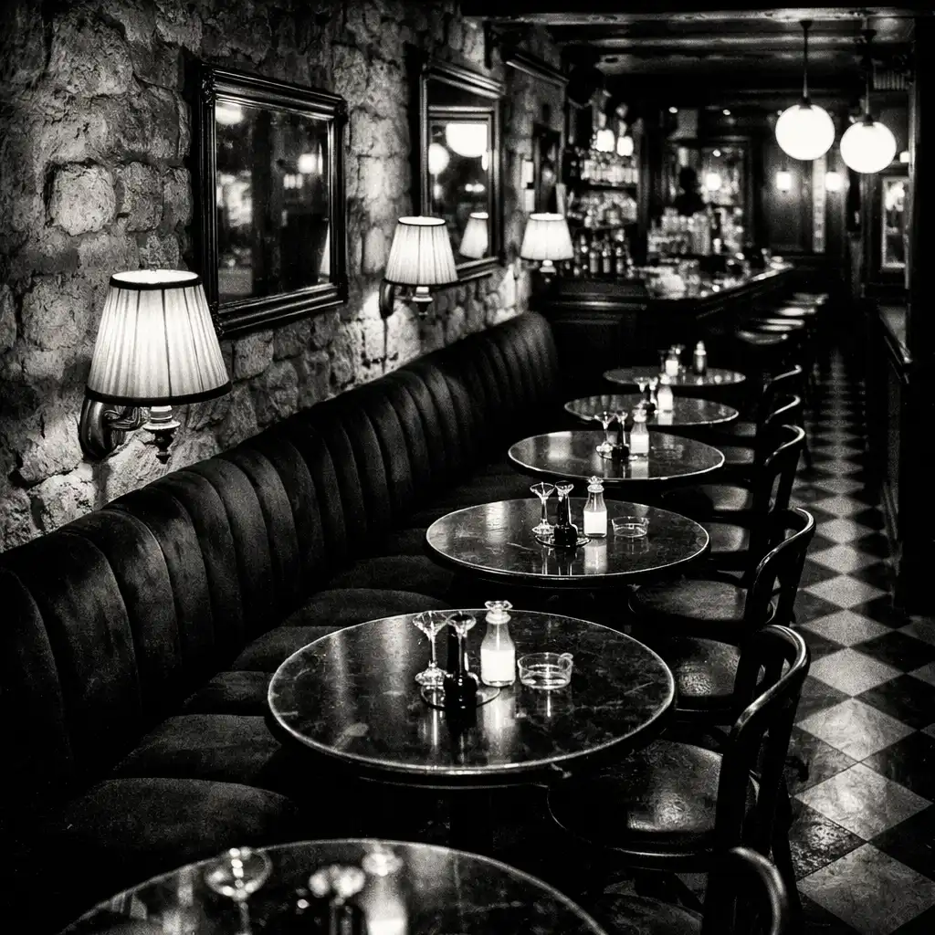 Intérieur historique du Bistro Aubepine avec murs en pierre et banquettes en velours noir