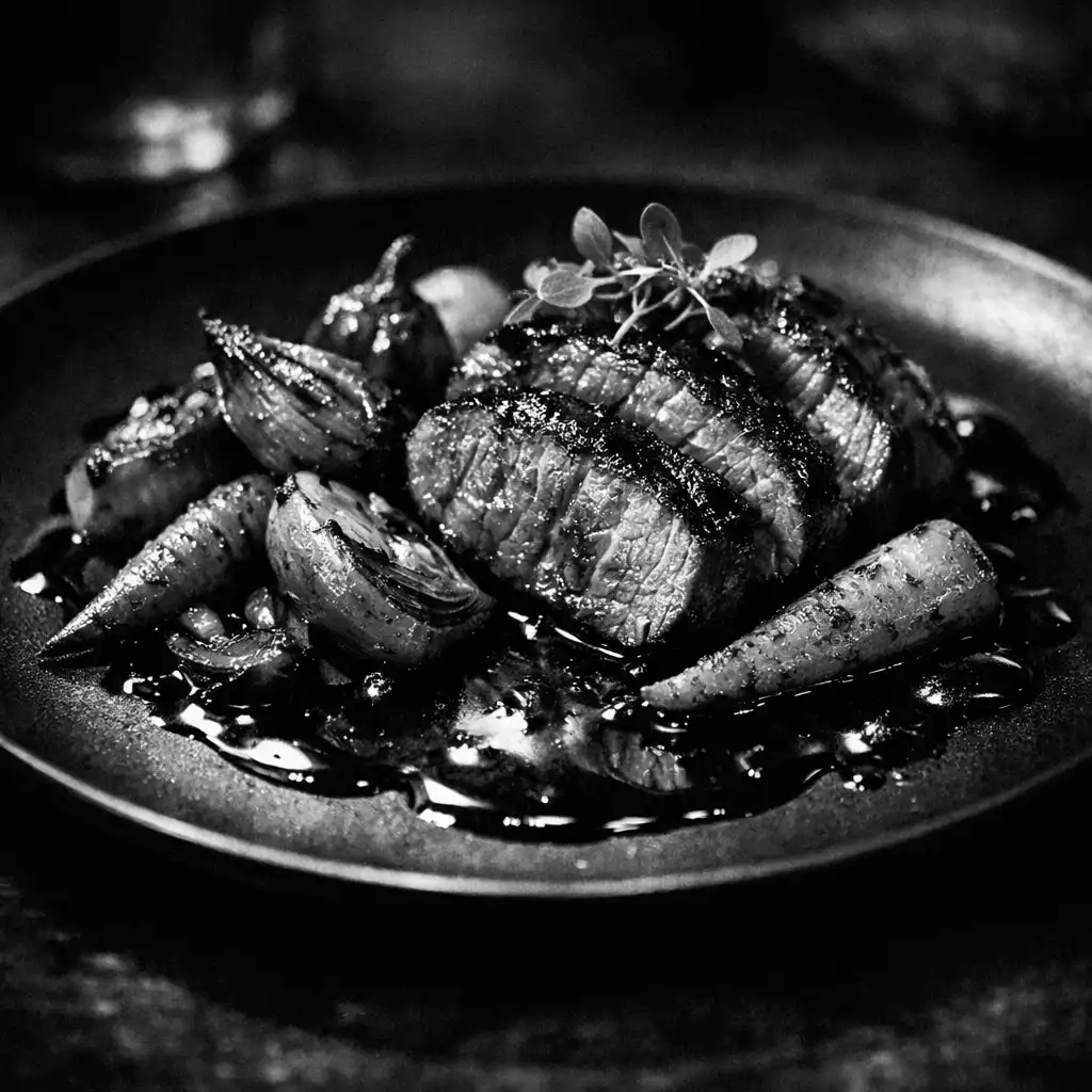 Plat signature du Bistro Aubepine présenté dans une assiette sombre