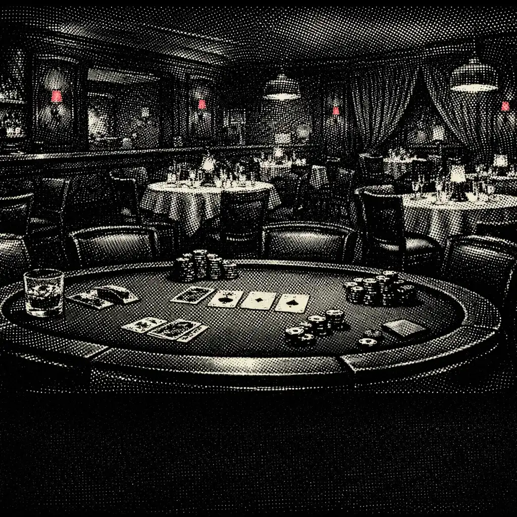 Salle de restaurant sombre et élégante avec une table de poker au premier plan