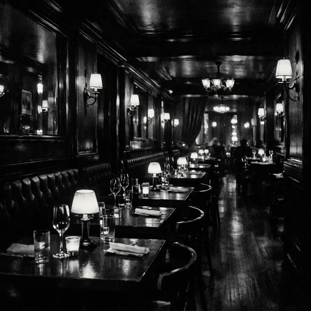 Salle principale du Bistro Aubepine avec banquettes en cuir et éclairage tamisé
