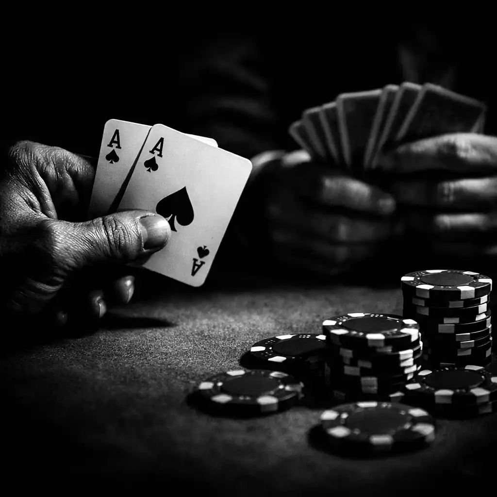 Mains de joueurs tenant des cartes à jouer sur une table de poker