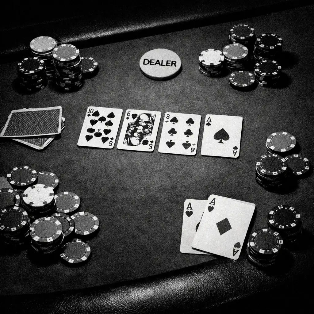Table de poker en feutre vert avec jetons et cartes, vue de dessus