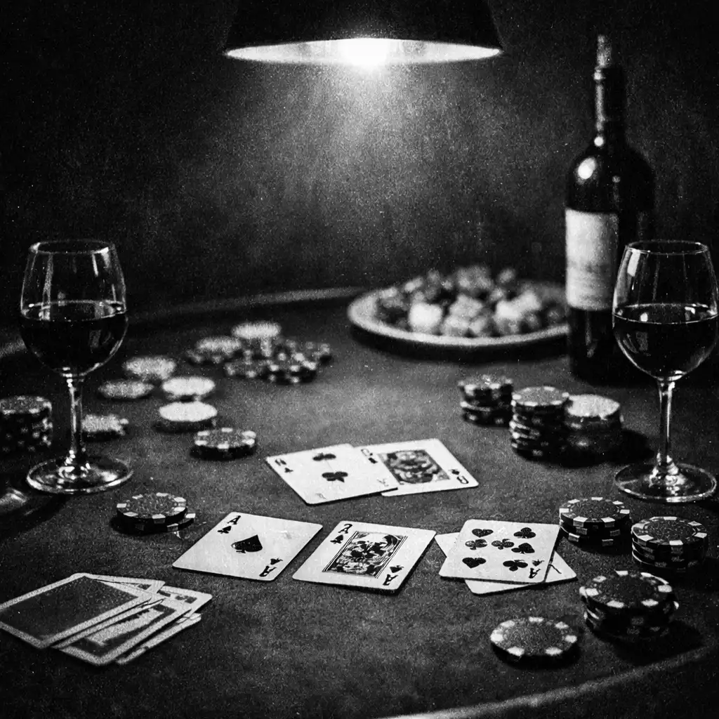 Table de poker avec cartes, jetons, verres de vin rouge et amuse-bouches dans une ambiance tamisée