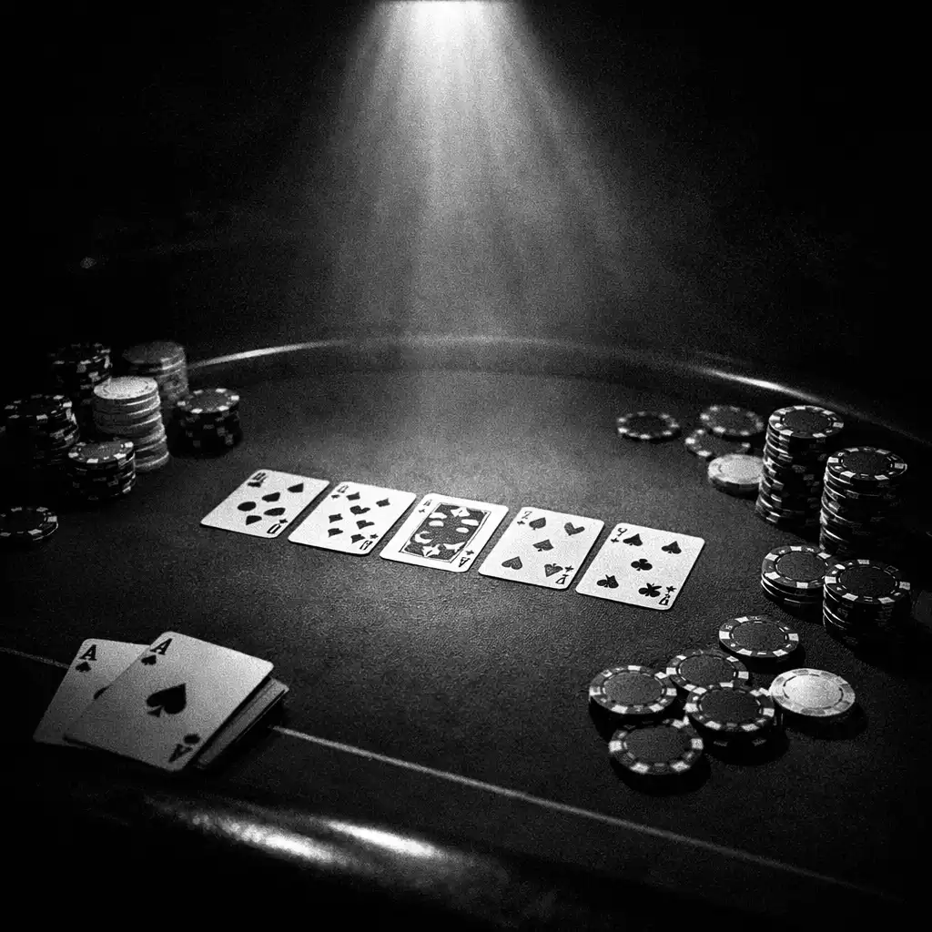 Table de poker dans une lumière dramatique avec cartes et jetons